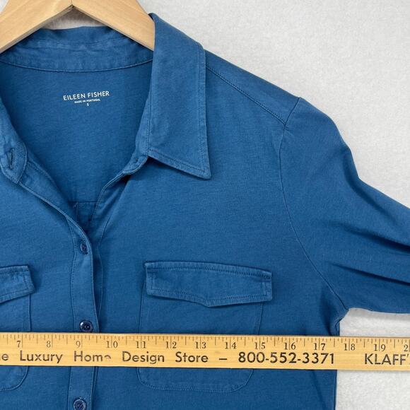 EILEEN FISHER Top S Organic Cotton Jersey Shirt Button Up Roll Tab Sleeve Blue - Picture 14 of 16